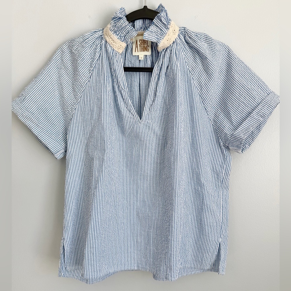 A SHIRT THING Blue Stripe Crochet-Trim Ruffle Neck Blouse